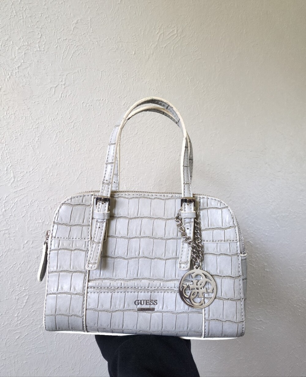 GUESS Gray Croc-Embossed Top-Handle Mini Satchel Crossbody with Logo Charm